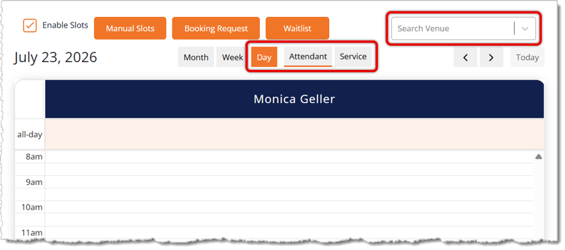 Image highlighting the Day view of the booking calendar, along with the Attendant and Service buttons. The Search Venue field is also highlighted.