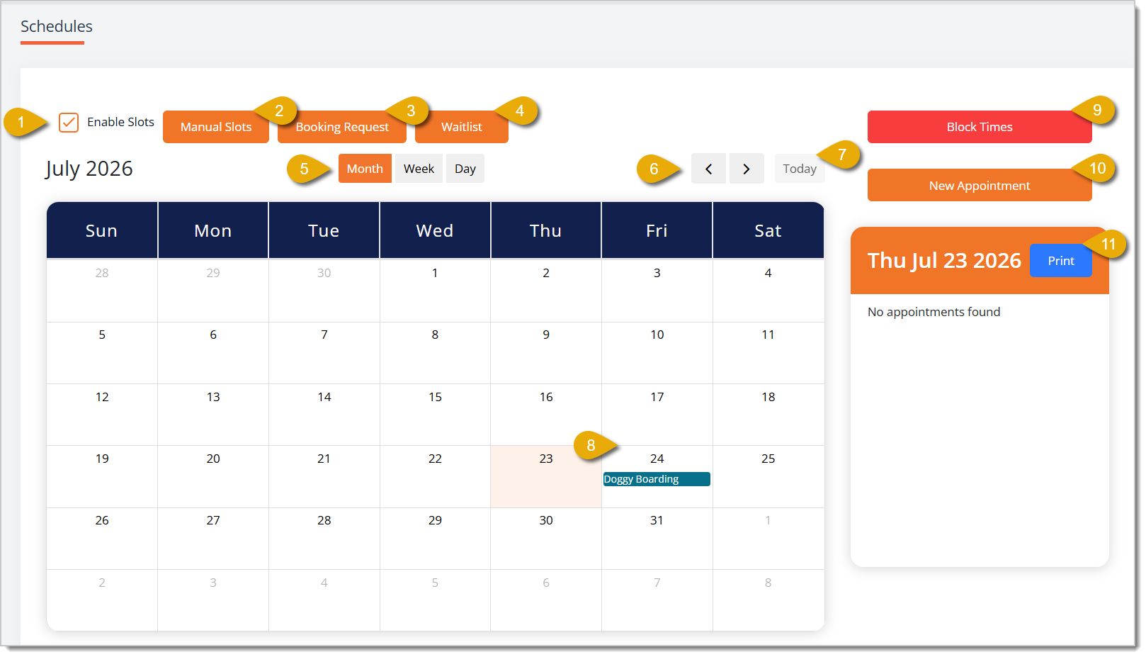 Image of the Schedules page calendar in Month view.