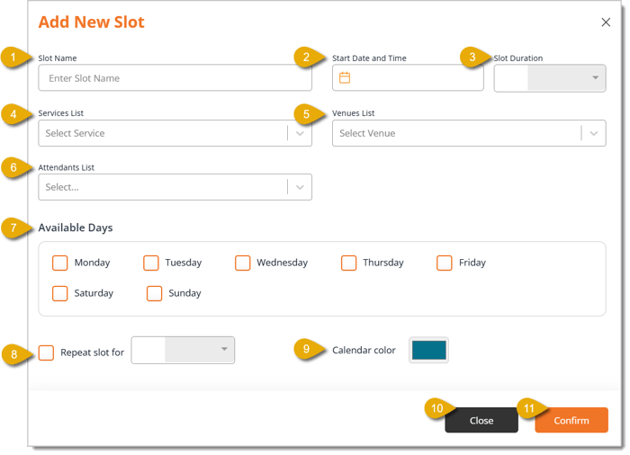 Image of the Add New Slot window in the Manage Slots page.