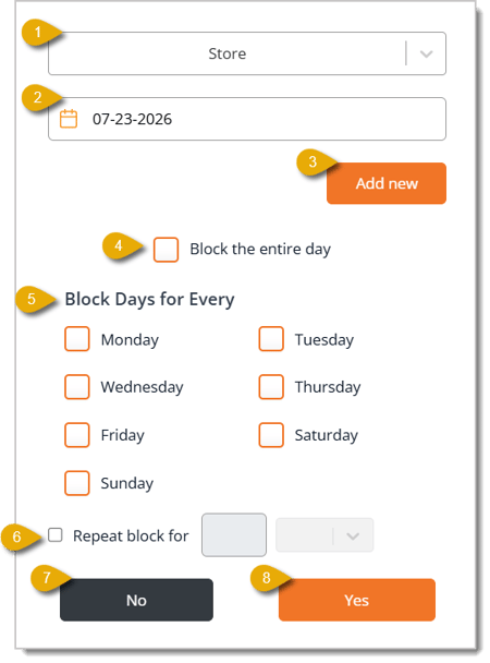 IMAGE: Screenshot of the Block Times window showing the store drop-list, date field, and day-blocking checkboxes in the eTailPet system.