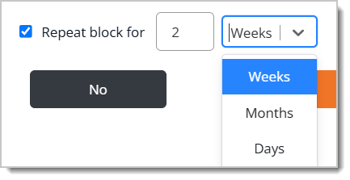 Image showing the options for repeating a time block in the Bookings area.