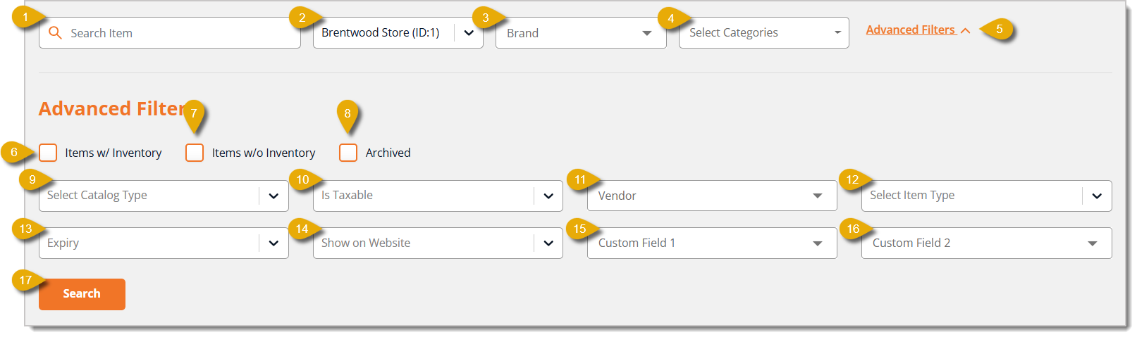 Image of the Search bar, Filters, and Advanced Filters in the My Products area.