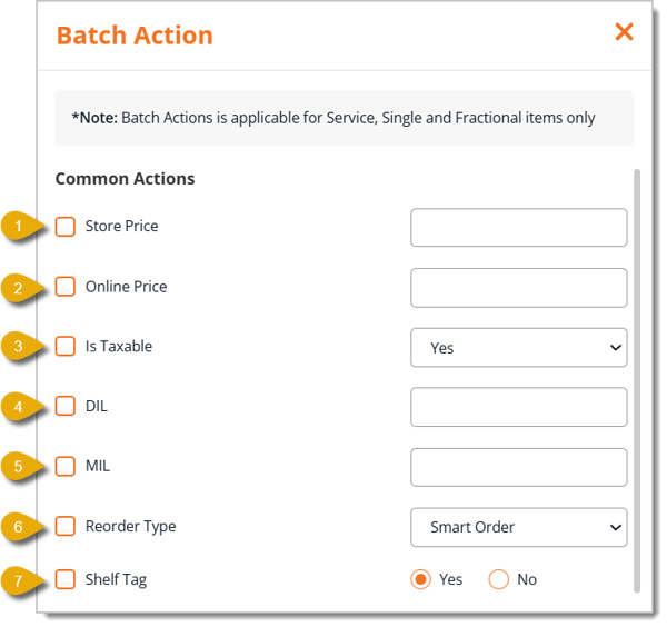 Image showing numbers 1 to 7 to indicate fields in the Batch Actions menu.