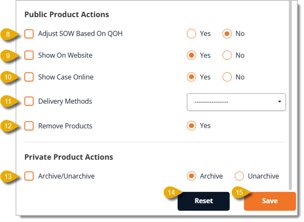 Image showing numbers 8 to 15 to indicate fields in the Batch Actions menu.