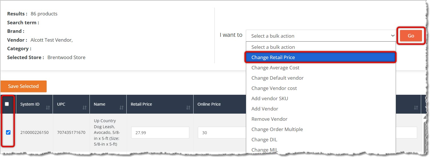Image highlighting the checkboxes, change retail price selection in the bulk actions drop-list, and the Go button in the Product Manager.