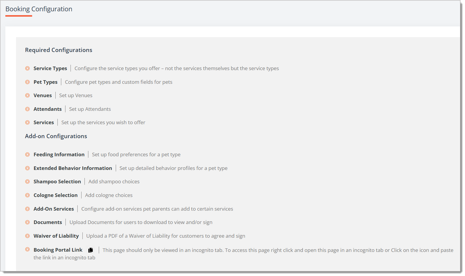 Image of the Booking Configuration page showing the Required Configurations section with Service Types, Pet Types, Venues, Attendants, and Services links in the eTailPet system.