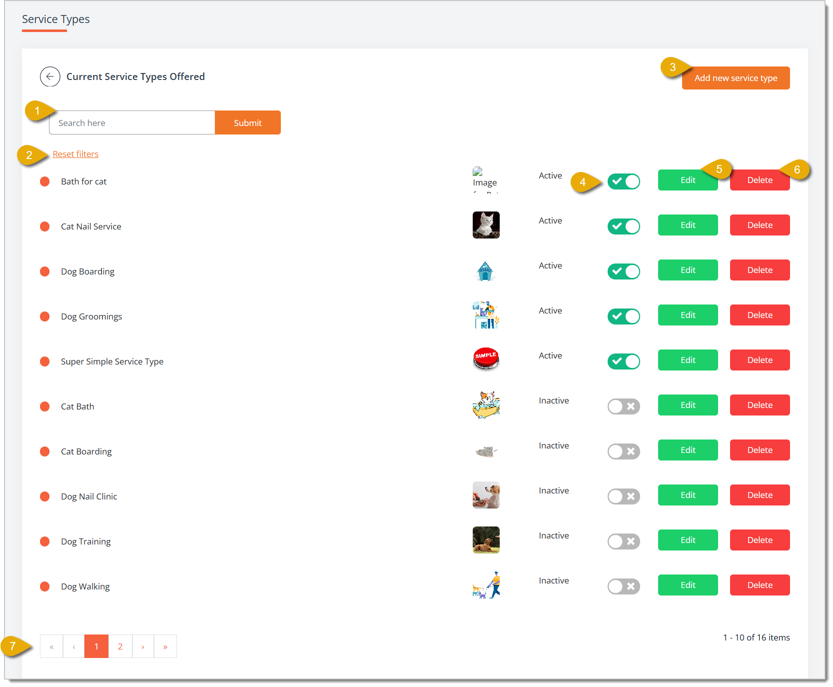 Image of the Service Types page showing the list of current service types, their images, and status toggles in the eTailPet system.