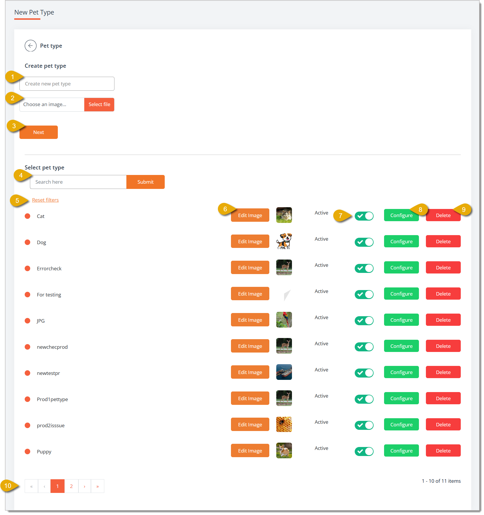 Image of the Pet Types page showing the Create Pet Type fields and the list of existing pet types with Edit Image, Configure, and Delete buttons in the eTailPet system.