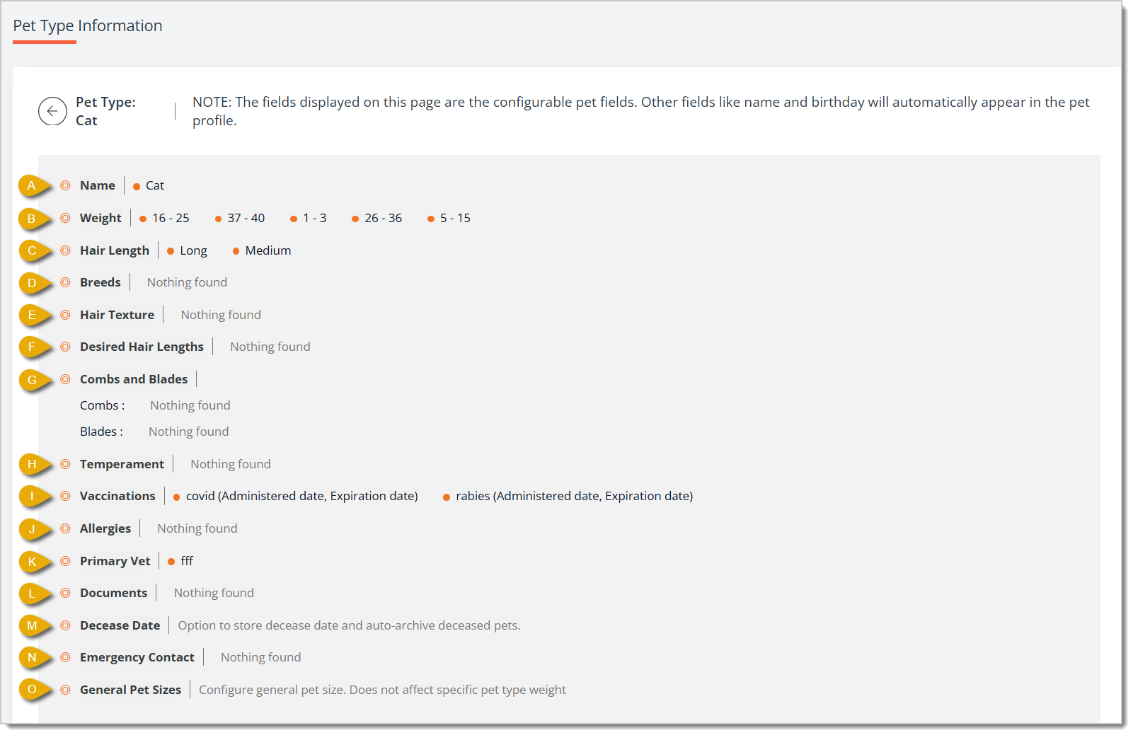 Image of Pet Type Information page.