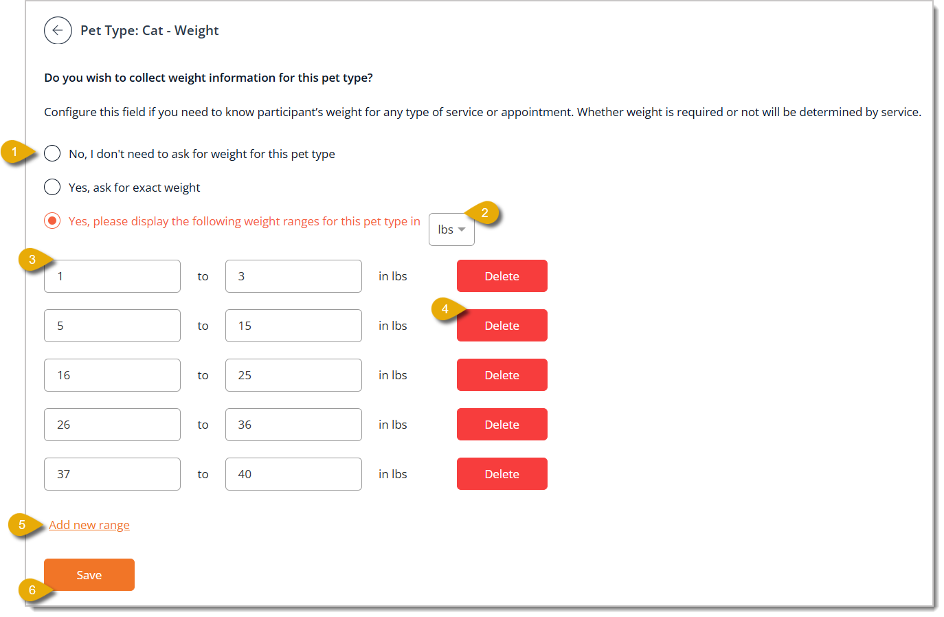 Image of the Weight Range page for a Pet Type.