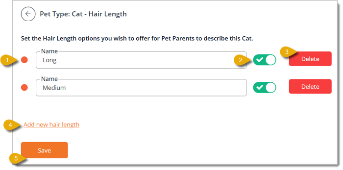 Image of the Hair Length configuration page for a pet type.