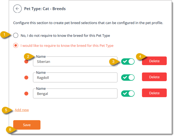 Image of the Breeds configuration page for a pet type.