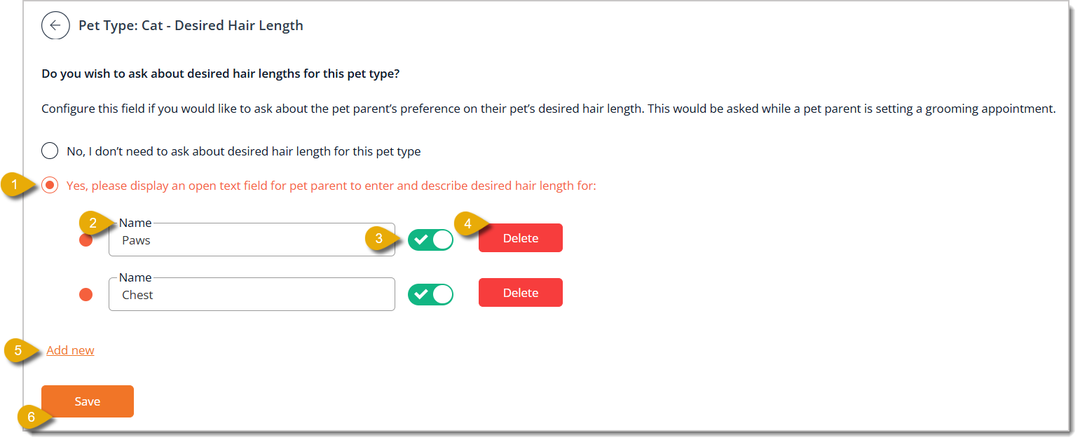 Image of the Desired Hair Length configuration page for a Pet Type.