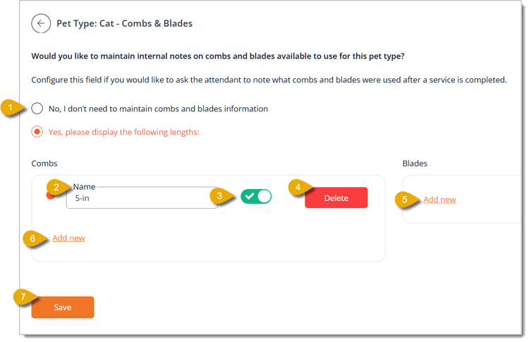 Image of the Combs and Blades configuration page for a pet type.