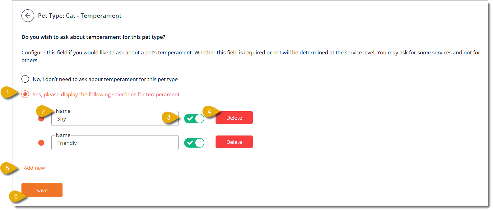 Image of the Temperament configuration page in the Pet Types area.