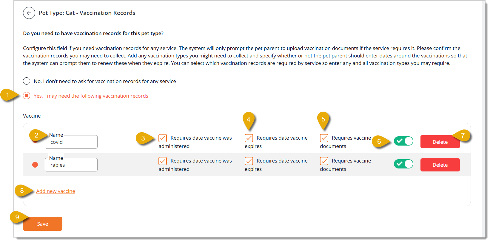 Image of the Vaccination Records configuration page in the Pet Types area.