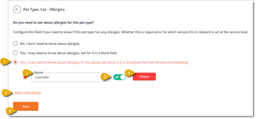 Image of the Allergies configuration page in the Pet Types area.