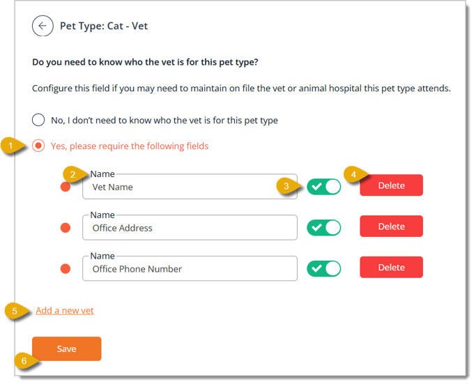 Image of the Primary Vet configuration page in the Pet Type area.