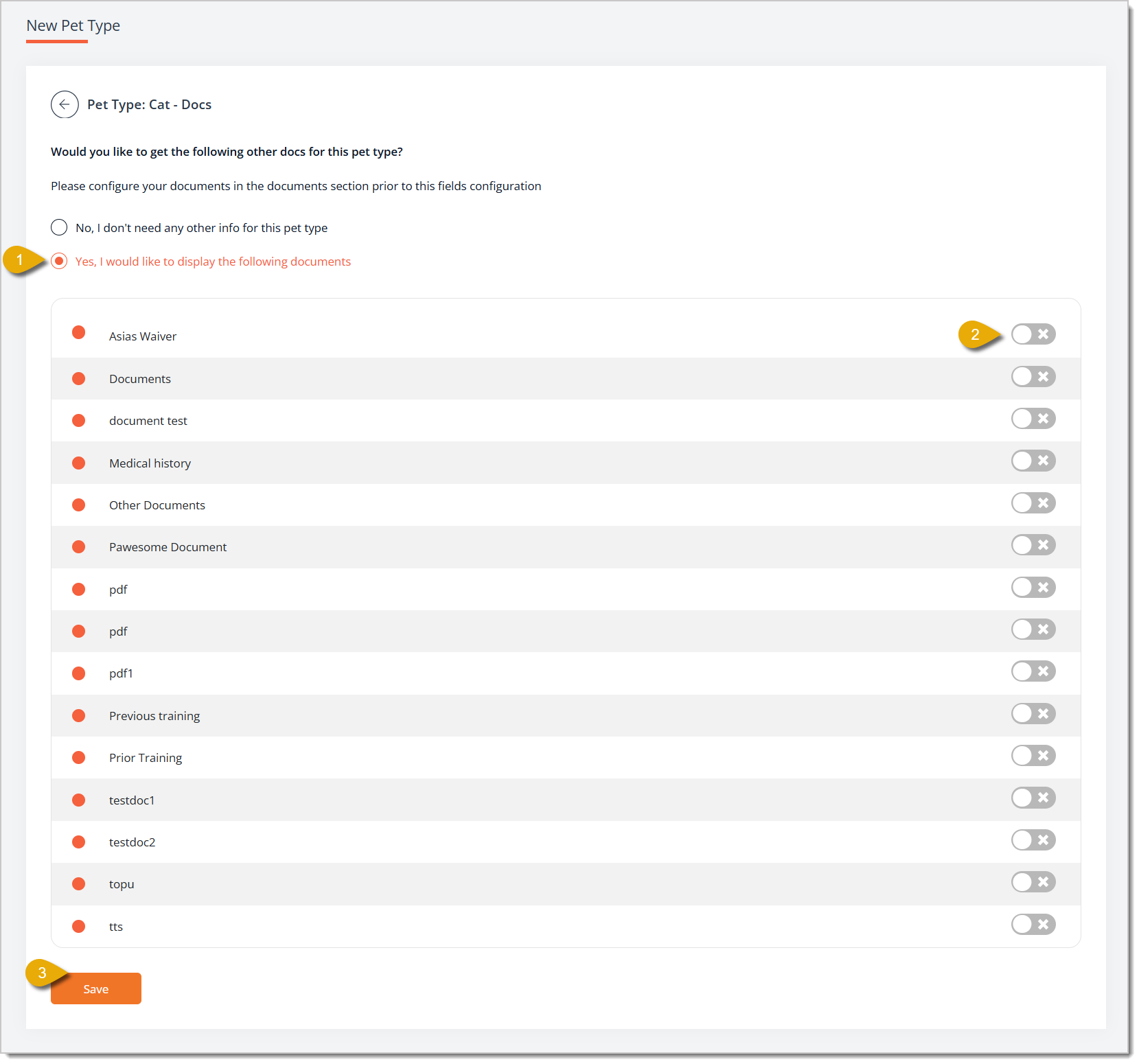 Image of the Documents configuration page in the Pet Types area.