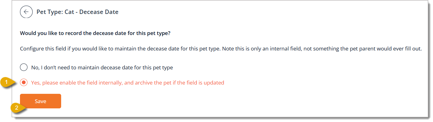 Image of the Decease Date configuration page in the Pet Types area.