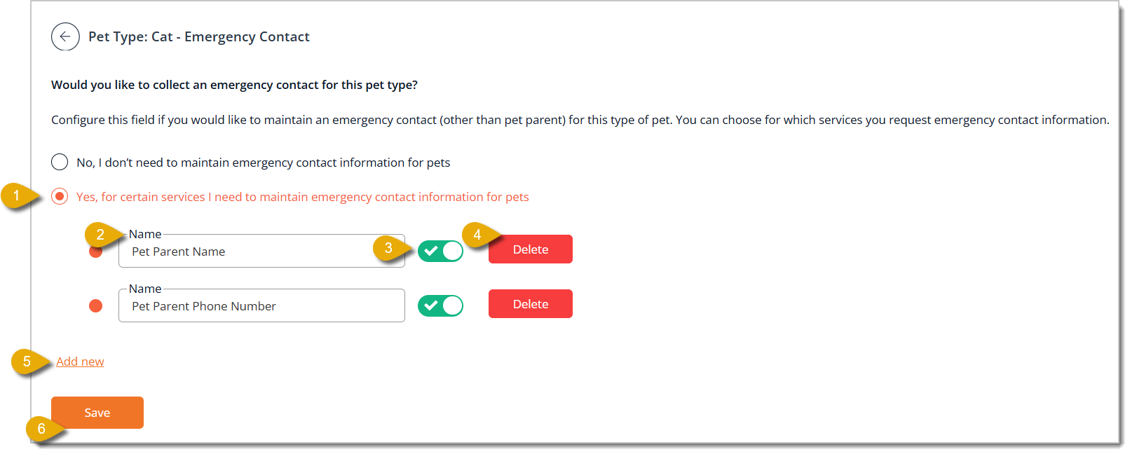 Image of the Emergency Contact configuration page in the Pet Types area.