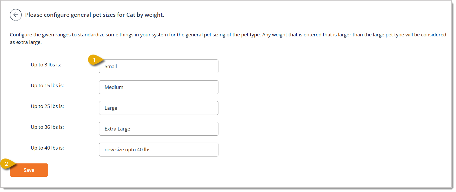 Image of the General Pet Sizes configuration page in the Pet Types area.