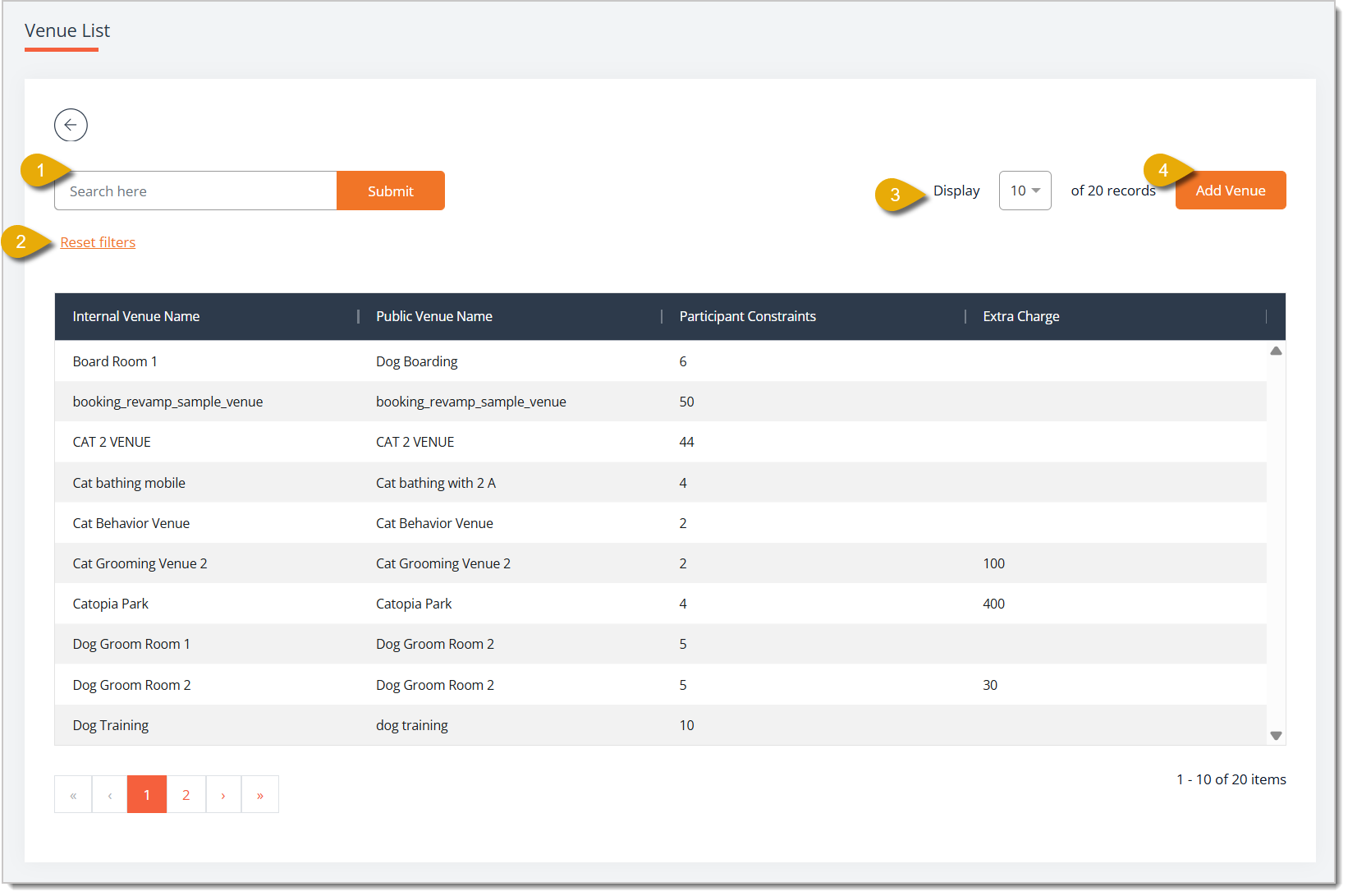 Image of the Venue List page in the eTailPet system.