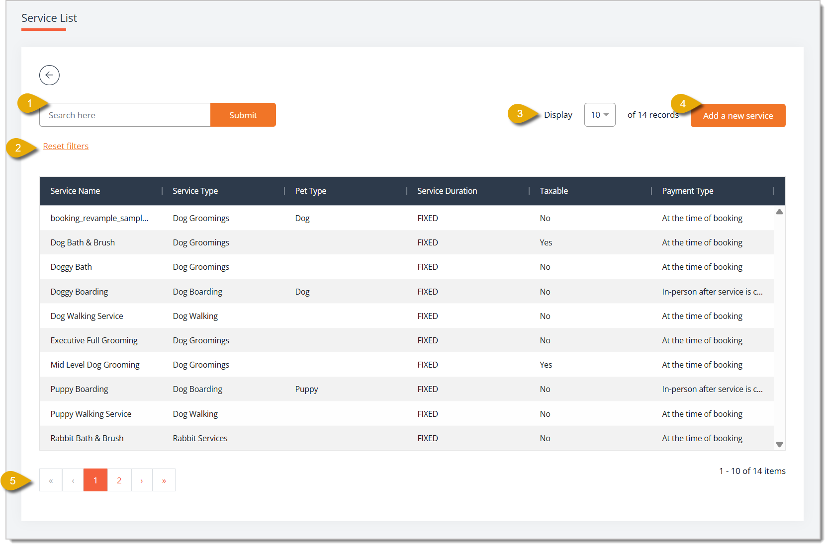 Image of the Services List in the Booking Configuration area.