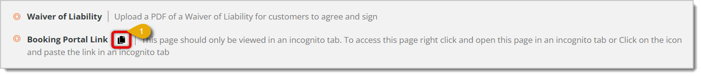 Image highlighting the Copy icon next to the Booking Portal Link.