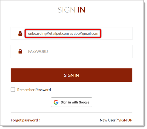 Image of the login page in an eTailPet e-commerce website.