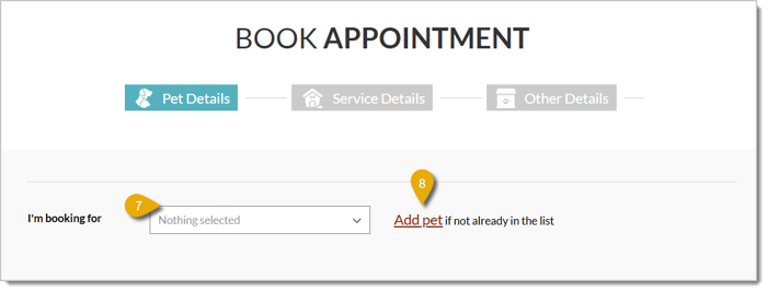 Image of the Booking Portal Pet Details window.