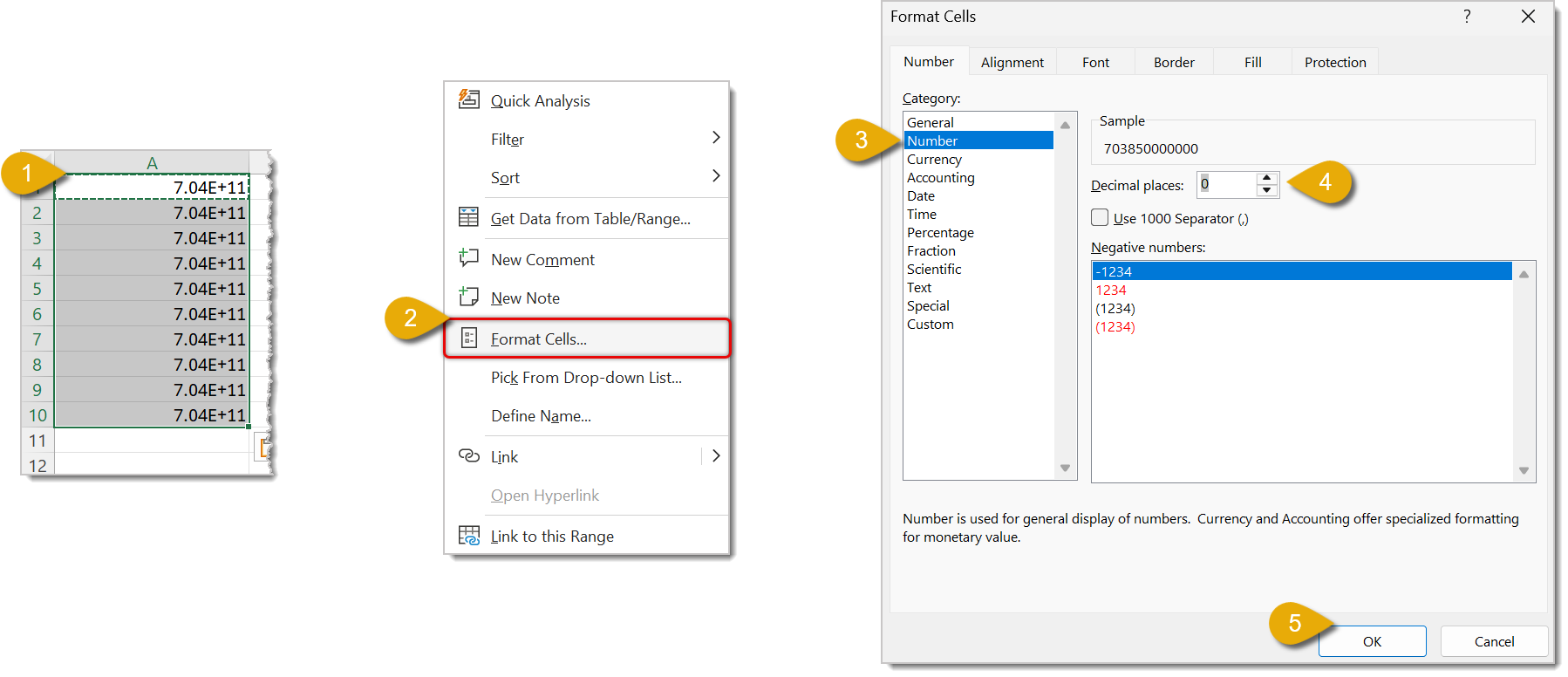 Image with numbers highlighting how to reformat scientific notation in Microsoft Excel.