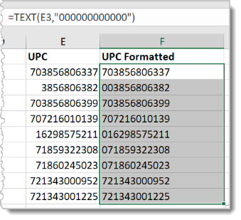 Image of an example of UPCs that have been reformatted in Microsoft Excel.