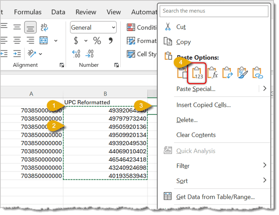 Image of the steps to reformat formulas to text in Microsoft Excel.