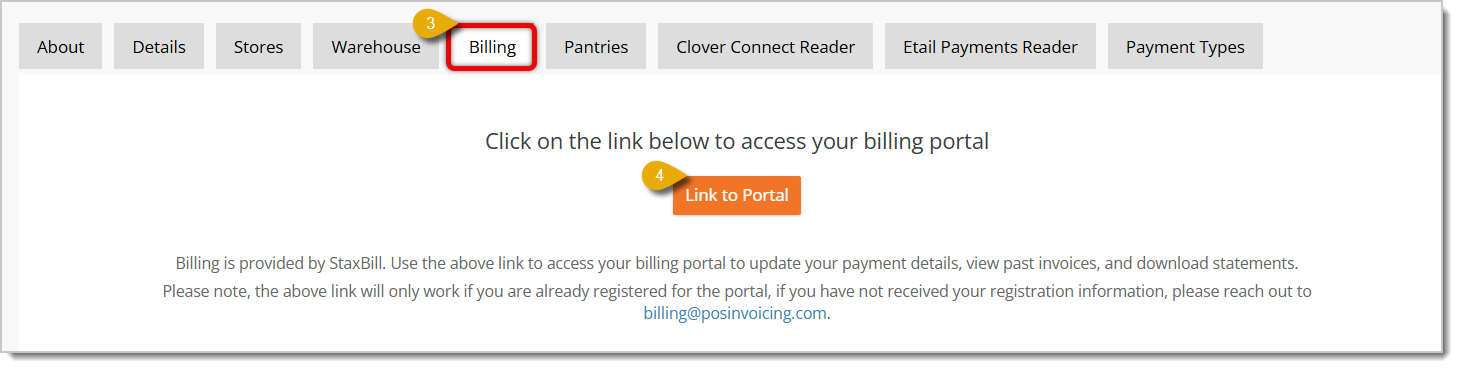 Image highlighting the Billing tab and the Link to Portal button in the Settings area.