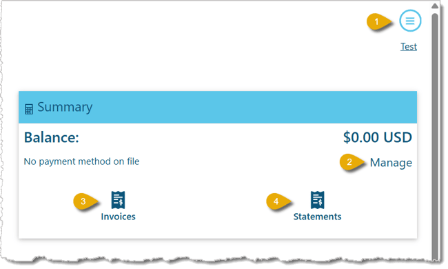 Image of the major functions in the billing portal home page.