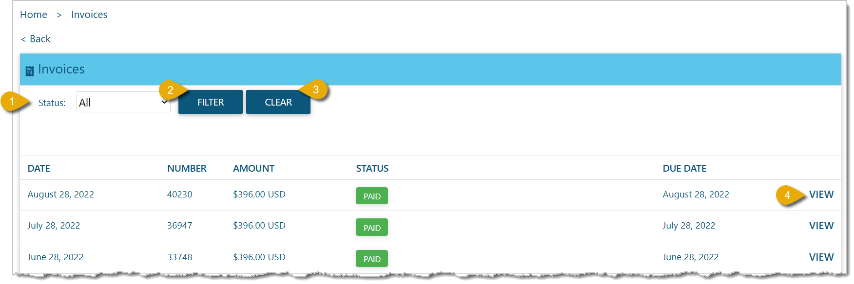 Image of the Invoices page with major functions highlighted.