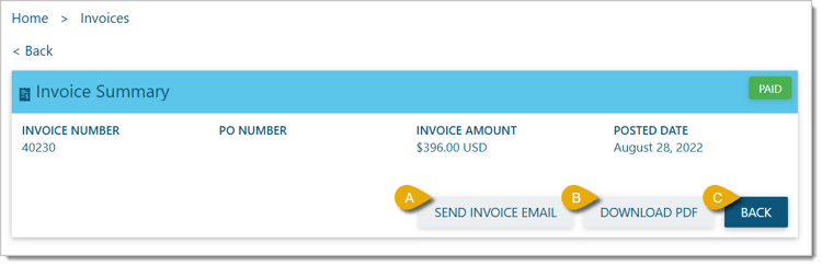 Image of an individual invoice's details and functions.