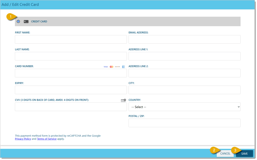 Image of the Add / Edit Credit Card page.