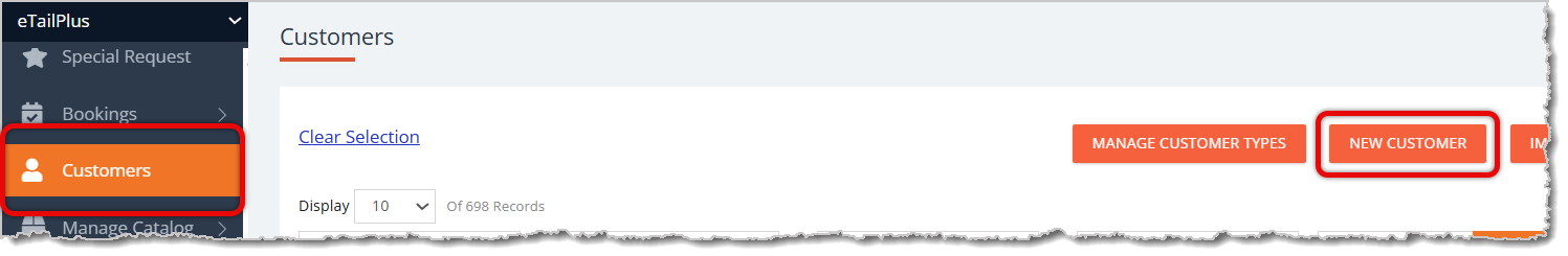 Image highlighting the Customers selection in the main menu and the New Customer button.