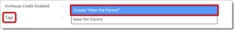 Image highlighting the Tags field in a customer's details and the Create New Pet Parent popup in the drop-list.