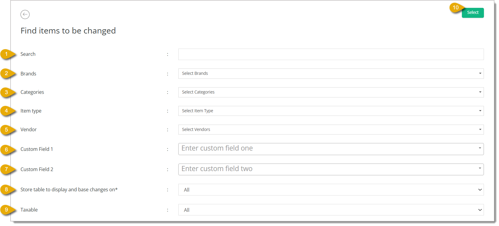 Image highlighting the fields of the Find Items to be Changed form.