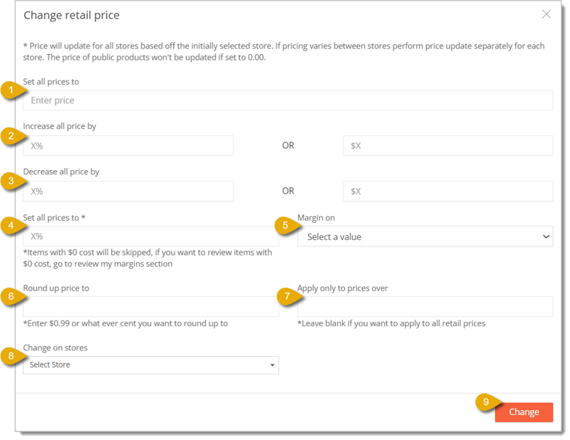 Image showing numbers 1 to 9 to highlight fields of the Change Retail Price bulk action window.