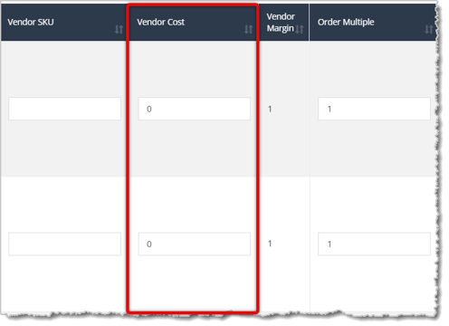 Image highlighting the Vendor Cost column in the Change Items area.