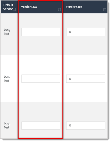 Image highlighting the Vendor SKU column of the data table in the bulk actions area.