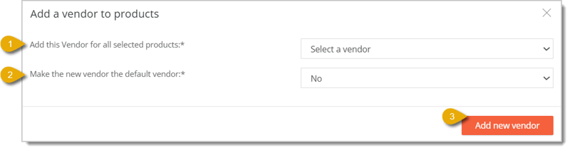 Image of the Add Vendor window in the Change Items bulk actions area.