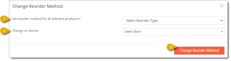 Image of the Change Reorder Method window in the Change Products bulk actions area.