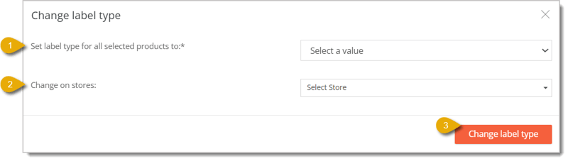 Image of the Change Label Type window in the Change Items Bulk Action area.