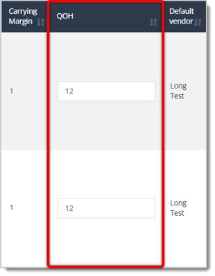 Image highlighting the QOH column of the Change Items bulk action area.