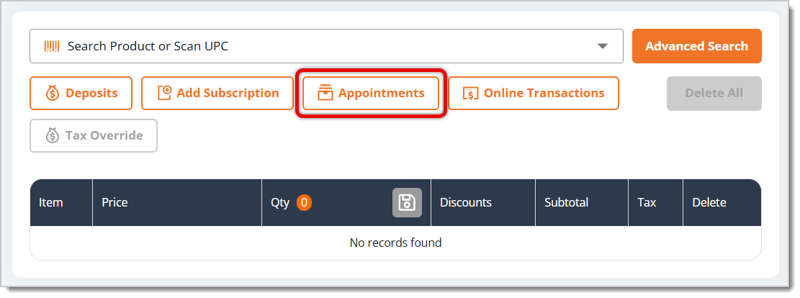 Image highlighting the Appointments button in the New Sale screen of the eTailPet system.
